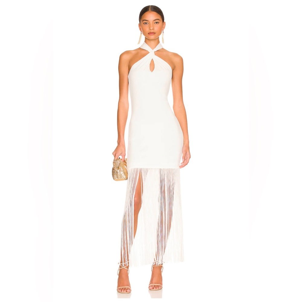 Steph Twist Neck Fringe Dress in Off White